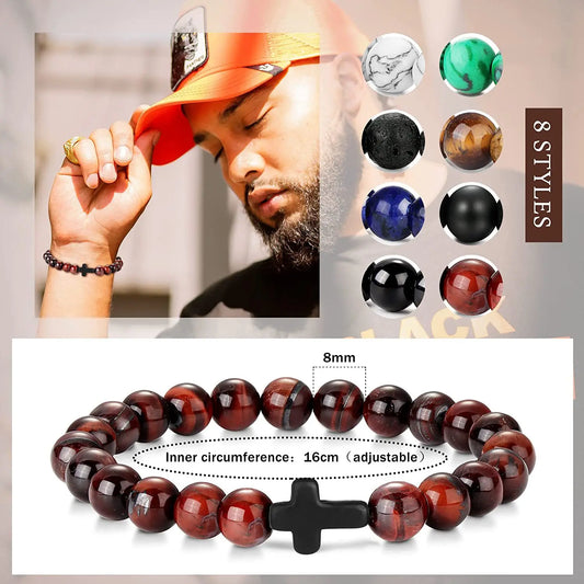 Prayer Men’s Natural Stone & Wood Beads Rosary Bracelet