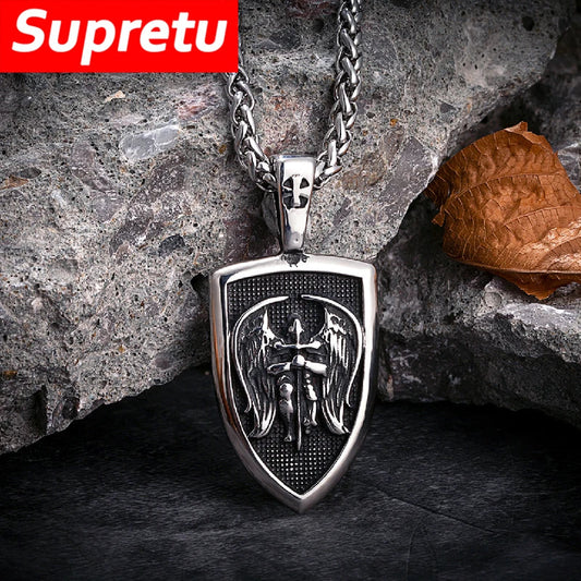 Viking Archangel Knight Necklace – Stainless Steel Shield & Angel Wings Pendant for Men