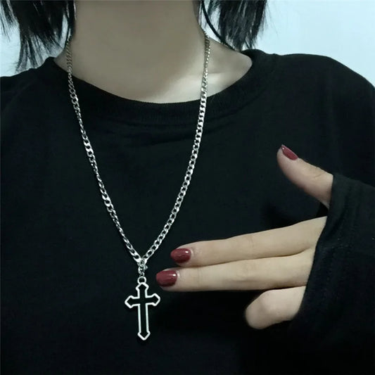 Vintage Gothic Hollow Cross Pendant Necklace – Silver Color Street Style Jewelry for Men & Women