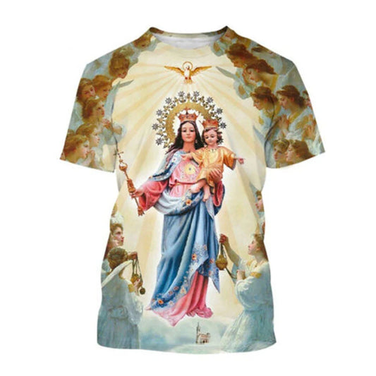 Virgin Mary "Goddess of Mercy" 3D Print T-Shirt – Unisex Christian Tee for Women & Men