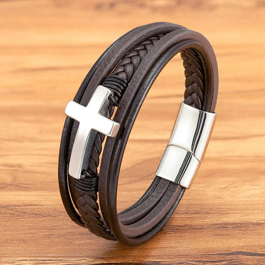 XQNI Punk Cross Leather Bracelet – Classic Stainless Steel Men’s Bangle