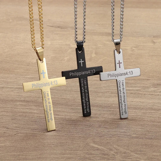 Philippians 4:13 Men's Cross Pendant Necklace – Stainless Steel Religious Amulet Jewelry