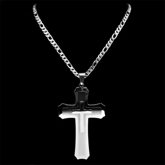 Big Jesus Christian Cross Pendant Necklace – Stainless Steel Figaro Chain for Men & Women
