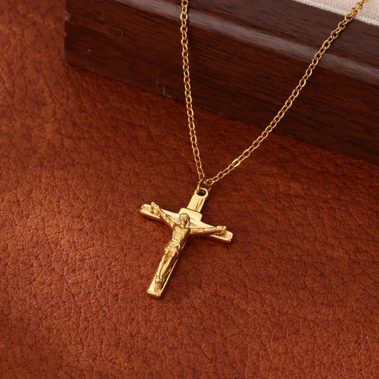 Caravaca Angels Crucifix Necklace – Gold Stainless Steel Jesus Cross for Men & Women