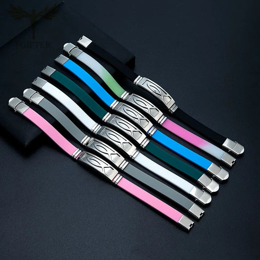 Simple Stainless Steel Jesus Fish Symbol Bracelet – Colorful Rubber Christian Wristband with Buckle