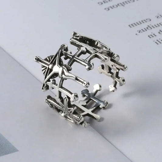 Retro Silver Color Jesus Cross Adjustable Ring