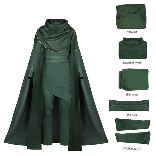 God of Lies Loki Cosplay Costume – Green Top, Pants & Cloak Set for Adults