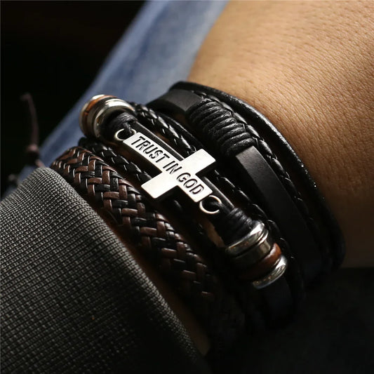 WESTBULL 3-Piece Multilayer Leather Bracelet Set – Men's Cross Charm Bangles