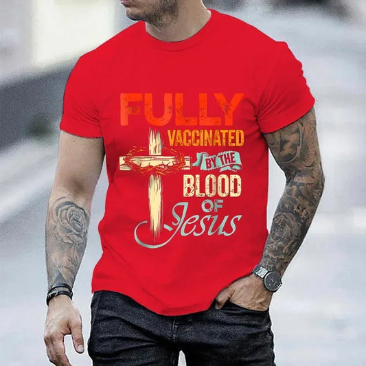 2025 "Vaccinated by the Blood of Jesus" T-Shirt – Funny Christian Streetwear for Men