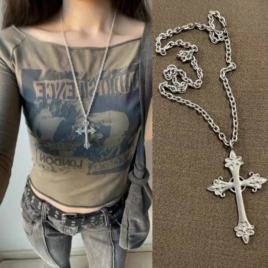WANZHI New Goth Rose Cross Pendant Necklace – Large Silver Carved Sweater Chain Choker for Women
