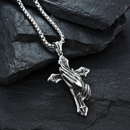 Vintage Praying Hands Cross Pendant Necklace – Hip-Hop Stainless Steel Chain Accessory