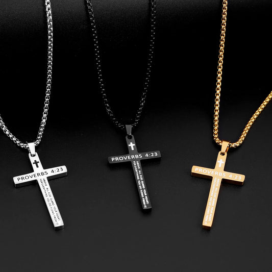 Shevalues Bible Verse Cross Necklace for Men & Boys – Stainless Steel Pendant in Black/Gold/Silver Tone