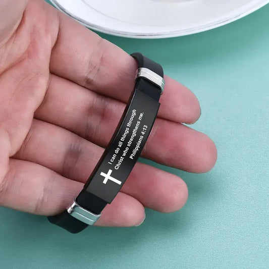 Christian Cross Bible Verse Bracelet – Black Stainless Steel Inspirational Faith Jewelry for Men & Women