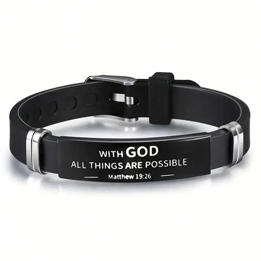 Religious Bible Verse Bracelet – Black Stainless Steel & Silicone Christian Jewelry for Men & Women
