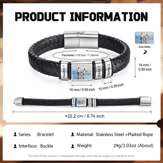 Custom Photo Bracelet – Personalized Leather Name Bracelet for Men, Boys & Husbands