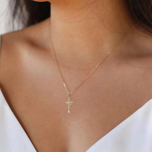 14K Gold Plated Cross & Crown Rotatable Necklace – Cubic Zirconia Pendant Jewelry for Women