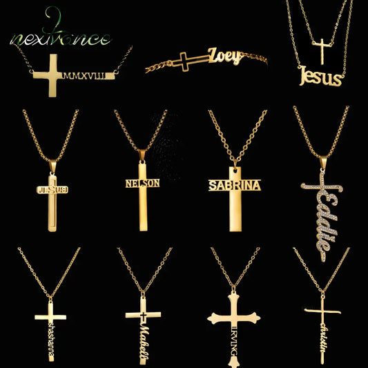 Nextvance Customized Cross Name Necklace – Personalized Stainless Steel Jesus Pendant for Women & Men
