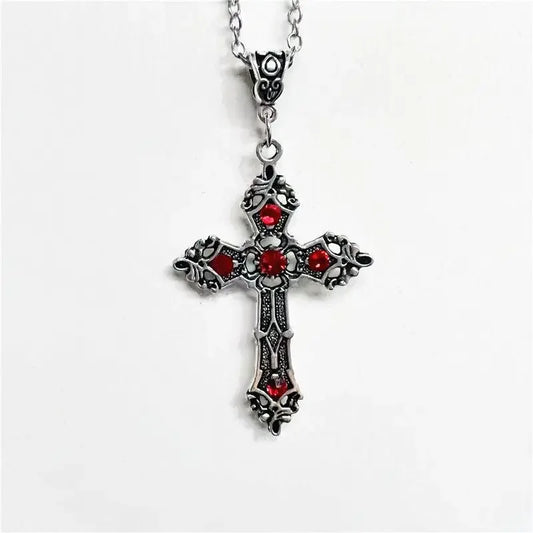 Retro Gothic Ruby Cross Pendant Necklace – European & American Style for Men & Women