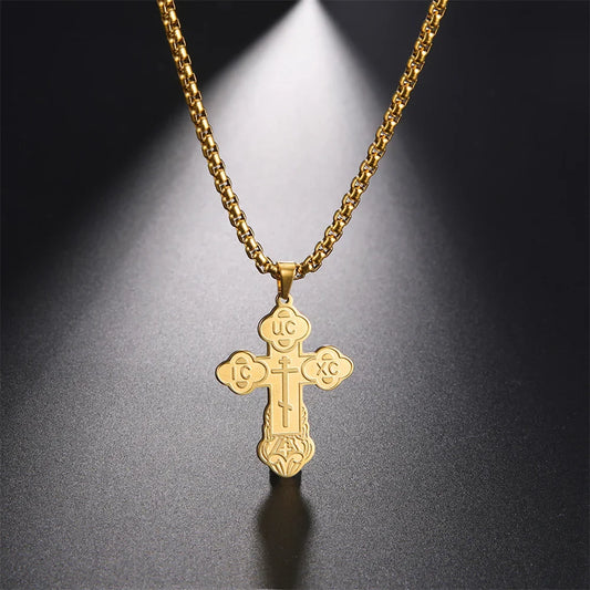 UC IC XC Punk Eastern Orthodox Cross Pendant Necklace – Steel Serbian Christian Amulet for Men