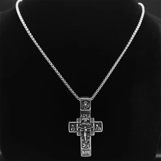 Men's Russian Eastern Orthodox Jesus Cross Pendant Necklace – Stainless Steel Crucifix Baptism Prayer Jewelry