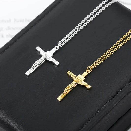 Stainless Steel INRI Jesus Cross Necklace – Retro Christian Pendant for Men & Women