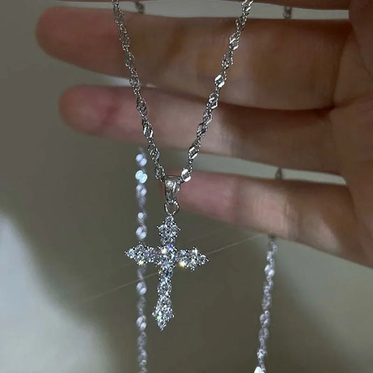 Shiny Crystal Zircon Cross Pendant Necklace