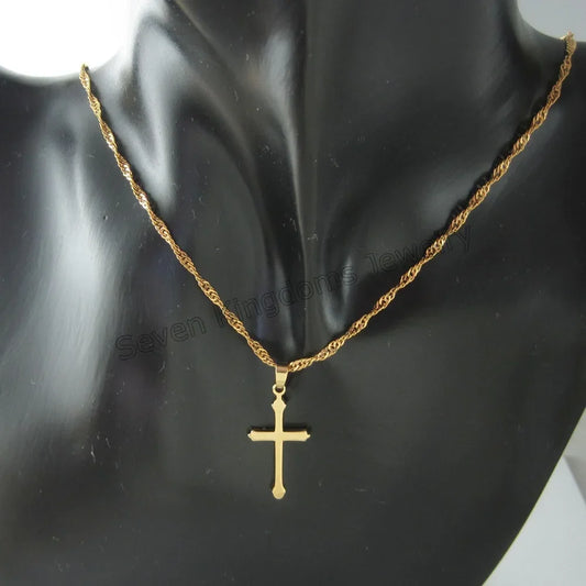 Yellow Gold Color Water Wave Chain Necklace – Plain Surface Jesus Cross God Pendant (45cm)